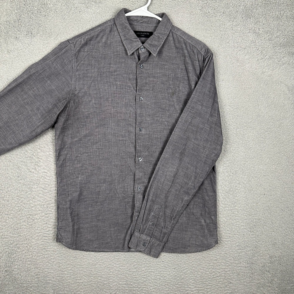 AllSaints Shirt Mens Large Charcoal Grey Textured Corduroy Button-Down Logo EUC